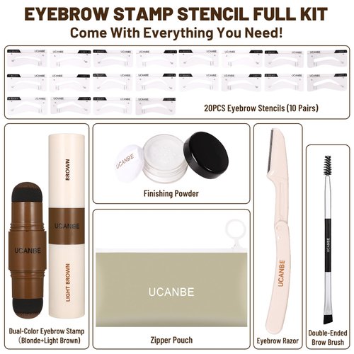 UCANBE 25PCS Eyebrow Stamp Stencil Kit With Dual-Color Eyebrow Stamp Pomade,20 Reusable Eyebrow Stencils,Finising Powder,Brush,Eyebrow Razor,Zipper Pouch,Waterproof Eye Brow Stamping and Shaping Kit02