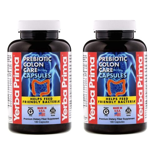 Yerba Prima Prebiotic Colon Care Capsules - 180 Count (Pack of 2), Gluten Free, Proudly Made in The USA, Non-GMO, Soluble & Insoluble Fiber, Supports A Healthy Functioning Colon