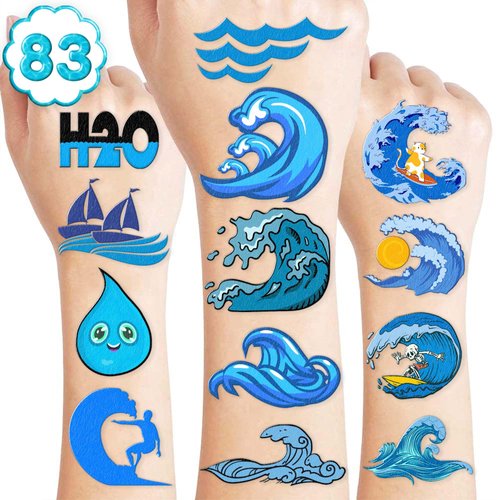 83 PCS Water Ocean Temporary Tattoos Themed Wave Birthday Party Decorations Favors Supplies Decor Surf Summer Tattoo Stickers for Kids Cute Gifts School Prizes