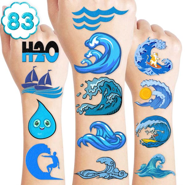 83 PCS Water Ocean Temporary Tattoos Themed Wave Birthday Party Decorations Favors Supplies Decor Surf Summer Tattoo Stickers for Kids Cute Gifts School Prizes