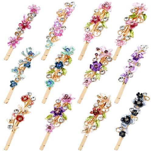 Lawie 12 Pack Sparkly Glitter Crystal Hair Jewelry - Rhinestone Butterfly Flower Decorative Hair Clips, Metal Side Barrettes, Fancy Accessories for Women Girls