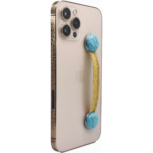 CRYSTALFY: Crystal Phone Grip and Phone Strap with Real Turquoise Genuine Natural Crystals and Gold Elastic Strap for Smartphones and Tablets