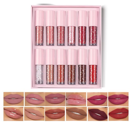 Easilydays 12Pcs Velvet Matte Liquid Lipstick + Lip Gloss Lip Plumper Set Shining Lip Gloss, Waterproof Long Lasting Lip Non-Stick Cup High Pigmented Moisturizing Lipstick Set for Women Girls