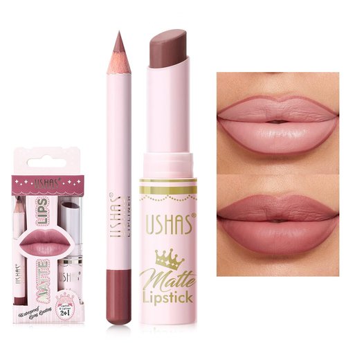 USHAS Lipstick and Lip Liner Combo Set 2 in 1 Waterproof Lipstick and 24H Lip liner Set Long Lasting Lipsticks for Women, Matte Lipstick Pen with Lip Liner Makeup Kits Set (S8, Pack of 1)