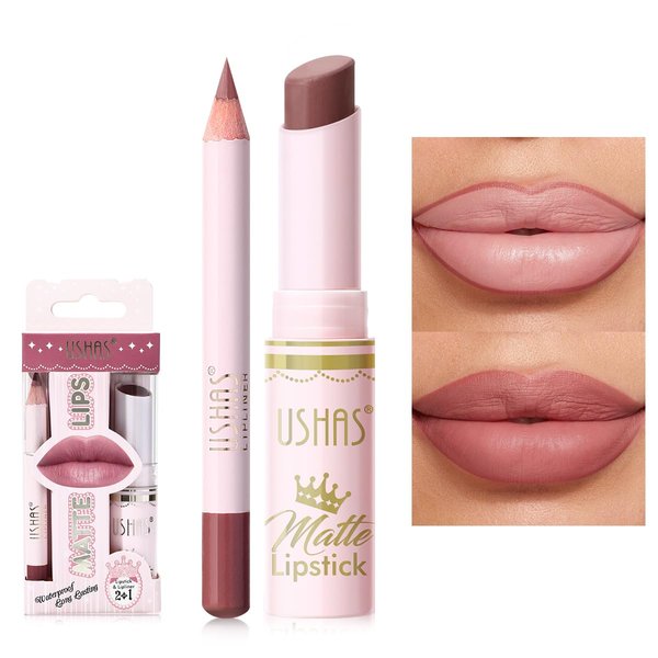 USHAS Lipstick and Lip Liner Combo Set 2 in 1 Waterproof Lipstick and 24H Lip liner Set Long Lasting Lipsticks for Women, Matte Lipstick Pen with Lip Liner Makeup Kits Set (S8, Pack of 1)