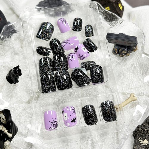 24Pcs Halloween Press on Nails Short Fake Nails Square with Silver Glitter Design Halloween Glue on Nails Full Cover Halloween Stick on Nails for Women and Girls Halloween Nails Art Decoration