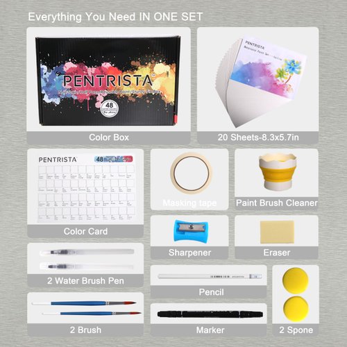 PENTRISTA Watercolor Paint Set, 48 Premium Colors,Artist Grade, Includes 2 Artist Brushes,20 sheet Water color Paper Pad,2 Water Pen, Perfect Travel Watercolor Set for Artists and Painting Lovers