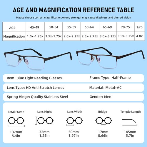 Anourney 3-Pack Reading Glasses for Men, Lightweight Metal Half Frame Blue Light Blocking Computer Readers,Filter UV Ray/Computer Glare with Spring Hinge Eyeglasses(3PCS Black,+2.0)