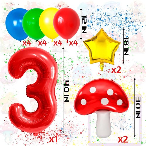 3 Balloon Number Red Blue Green Yellow Balloon Cartoon Mushroom Decorations Star Balloons for Birthday, Carnival, Party Activities, Cartoon Video Game Theme Party Supplies