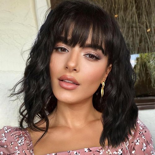 CAIXIU Black Wig for Women 14 Inch Short Wavy Hair Wigs Curly Bob Wig with Bangs Wigs Shoulder Length Wigs for Black Women Bob Style Synthetic Heat Resistant Bob Wigs