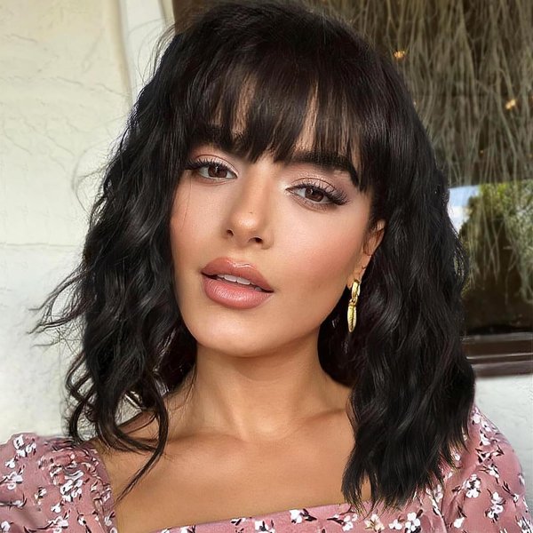 CAIXIU Black Wig for Women 14 Inch Short Wavy Hair Wigs Curly Bob Wig with Bangs Wigs Shoulder Length Wigs for Black Women Bob Style Synthetic Heat Resistant Bob Wigs
