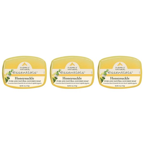 Clearly Natural Glycerine Honeysuckle Bar Soap (Pack of 3) With Glycerin, Sodium Stearate, Decyl Gluoside, Sorbitol, Sodium Oleate, Propanediol, Natural France and Essential Oils, 4 oz. each