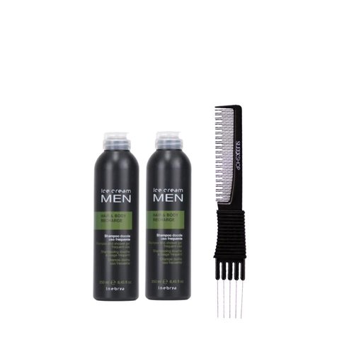 kuss Inebrya Ice Cream Men Hair & Body Recharge (8.45 oz) with Teasing Comb Pack of 2