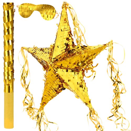 Foil Star Piñata with Blindfold and Bat for Kids Birthday Foldable Star Shape Piñata with Piñata Stick Gold Festive Star Piñata Foil Star Fiesta Party Supplies Favors for Mexican Baby Shower Party