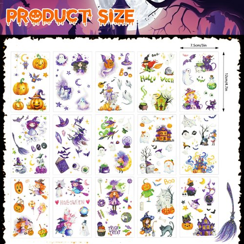 Konsait 144 Pcs Halloween Temporary Tattoos, Glitter Tattoos for Kids Body Makeup Fake Tattoos Cute Kids Tattoos Halloween Favors Halloween Goodie Bags Fillers 15 Sheets