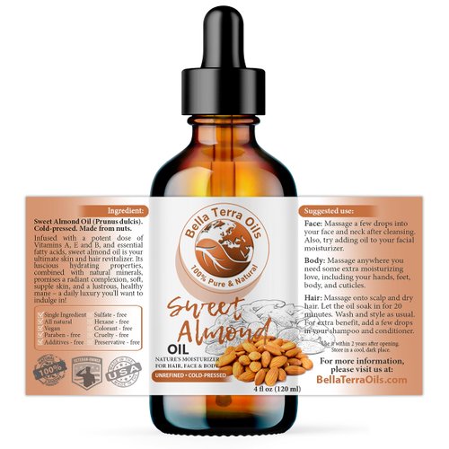 Bella Terra Oils - Organic Sweet Almond Oil 4oz - A Symphony of Vitamin E & Oleic Acid, Pure Cold-Pressed Essence, Luxe Touch for Skin
