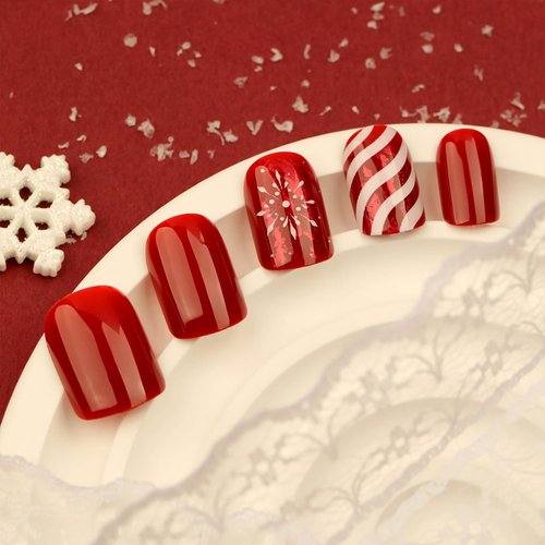 Vopintpy Winter Christmas Press on Nails White Snowflake Stripe Fake Nails Short Square Red Solid Color Glue on Nails Glossy Xmas Stick on Nails for Women DIY Manicure Decor