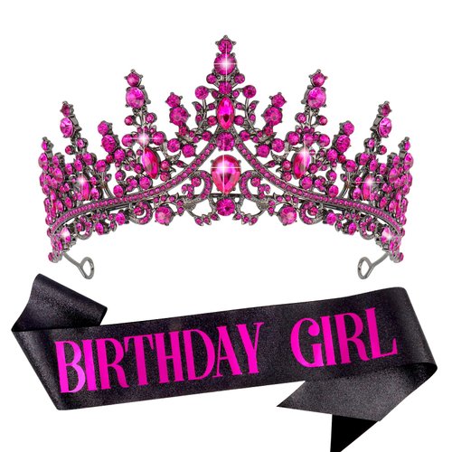 VELSCRUN Birthday Tiara Crowns for Women Girls Rose Pink Crystal Birthday Girl Headband Sash Elegant Princess Crown Happy Birthday Party Decorations Women Sisters Birthday Gift Hair Accessories