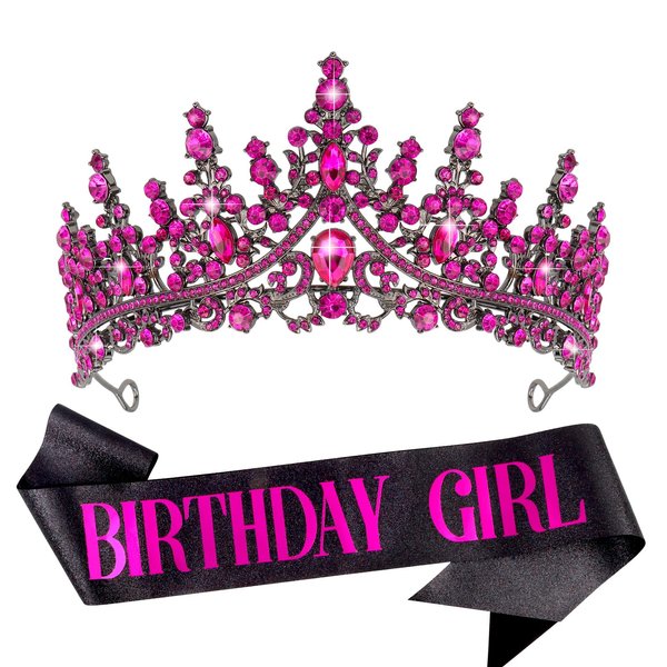 VELSCRUN Birthday Tiara Crowns for Women Girls Rose Pink Crystal Birthday Girl Headband Sash Elegant Princess Crown Happy Birthday Party Decorations Women Sisters Birthday Gift Hair Accessories