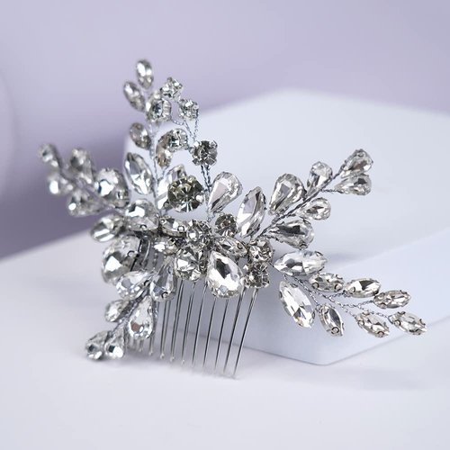Teyglen Women Dainty Simple Full Rhinestones Bride Wedding Hair Comb Silver Teardrop Rhinestones Bridal Side Hair Combs Luxurious Hair Accessories for Women Bride Girls