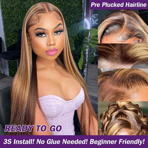 Mayouda Hair HD Lace Front Wigs Straight Glueless Synthetic Long 13x4 Highlight Brown Straight Lace Front Wig With Natural Baby Hair Wig Pre Plucked Glueless Wigs (30Inch, Highlight Brown)