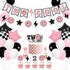 Two Cool Dude Pink Smile-Theme Birthday Party Decoration Set, Two Cool Girl Second Birthday Banner Cake Toppers Pink White Black Checker Balloons for Two Happy Face Party Supplies