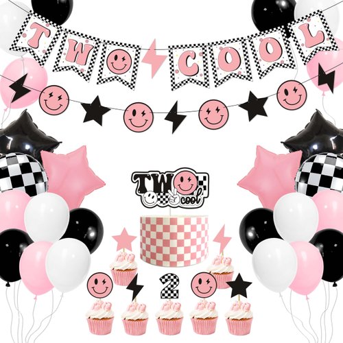 Two Cool Dude Pink Smile-Theme Birthday Party Decoration Set, Two Cool Girl Second Birthday Banner Cake Toppers Pink White Black Checker Balloons for Two Happy Face Party Supplies