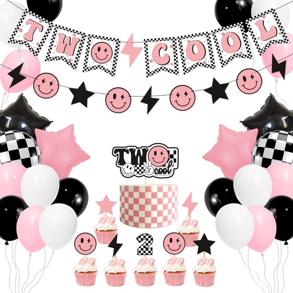 Two Cool Dude Pink Smile-Theme Birthday Party Decoration Set, Two Cool Girl Second Birthday Banner Cake Toppers Pink White Black Checker Balloons for Two Happy Face Party Supplies