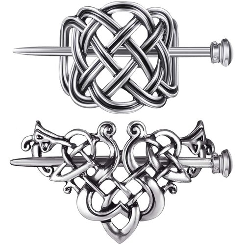 2 Pcs Women Girl Viking Celtic Knots Clips Hairpin Alloy Hair Stick Accessories For Long Hair Slide Pin Hairstick Knot Jewelry Gift (Silver)