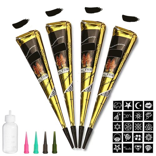 Temporary Tattoos Kit, 4Pcs Black Tattoo Paste Cones, 100% Natural Ready to Use Black Tattoo Paste, India Body DIY Art Painting for Women Men Kids with 20 Adhesive Stencils, 1 Bottle, 4Nozzles