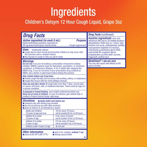 Delsym Cough Suppressant for Children and Adults, Grape, 3 Fluid Ounce