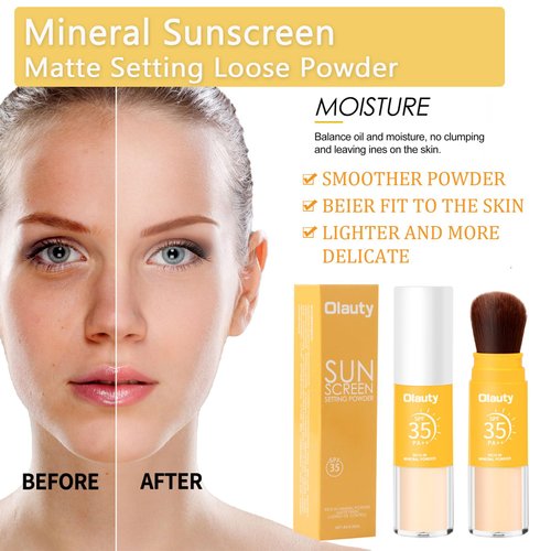 Mineral Sunscreen Setting Powder, SPF 35, Translucent Brush Setting Powder for Face, Long Lasting Oil Control Matte Loose Powder, Lightweight, Breathable (01# Translucent)
