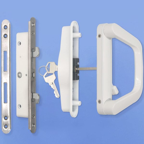 ALLYWASAI Sliding Patio Door Handle Set with Mortise Lock, Suitable for Sliding Glass Patio Door Thickness from 0.9in to 1.4in, 4-15/16" Screw Holes, Need to Drill, Reversible Design, Keyed, White