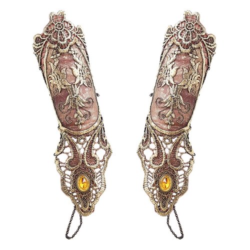 Jurxy Bronzing Fingerless Gloves Women Gothic Floral Lace Steampunk Wristband Ring Vintage Beaded Handmade Up Bridal Bracelet Set - 1 Pair Small Size