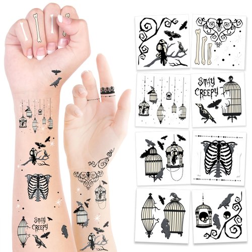 Cheerland Halloween Temporary Tattoos with Crow and Cage for Gothic Birthday Party Bridal Shower Goth Sticker Tattoo Raven Bird Party Decoration Supplies and Favors