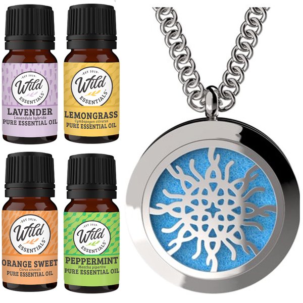 Wild Essentials Love Knot Necklace Essential Oil Diffuser Kit with Lavender, Lemongrass, Peppermint, Orange Oils, 12 Refill Pads, Calming Aromatherapy Gift Set, Customizable Color Changing, Perfume