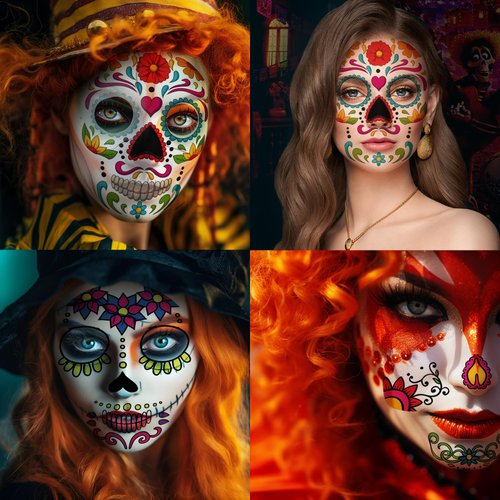 9-Pack Day of the Died Skeleton Face Temporary Tattoo Stickers – Perfect for Halloween, Día de lo...