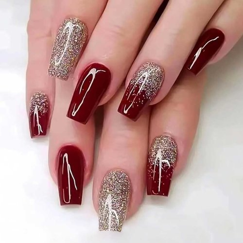 RikView Red Press on Nails Medium Fake Nails Glitter Nails Square Acrylic Nails Glossy Full Cover Nails 24 PCs/Set (Medium Red Glitter)