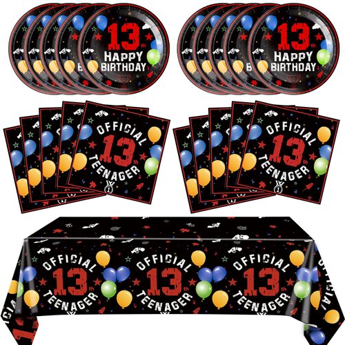 41PCS 13th Birthday Party Supplies Red and Black Official Teenager Party Decorations Plates Napkins Tablecloth Set for 13th Birthday Boys Girls
