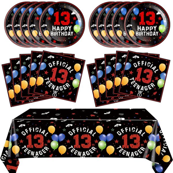 41PCS 13th Birthday Party Supplies Red and Black Official Teenager Party Decorations Plates Napkins Tablecloth Set for 13th Birthday Boys Girls