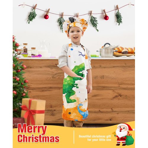 WERNNSAI Dinosaur Apron Set - Waterproof Chef Artist Cooking Aprons for Kids Boys Toddler Kitchen Apron with Adjustable Strap Pocket Chef Hat and Mittens for Baking Painting (Extra Small, 2-5 Years)