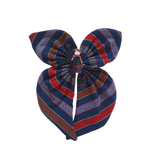 Guatemalan Fabric Hair Bow with Worry Doll - Premium Quality - 7" x 7" (Blue Shades)