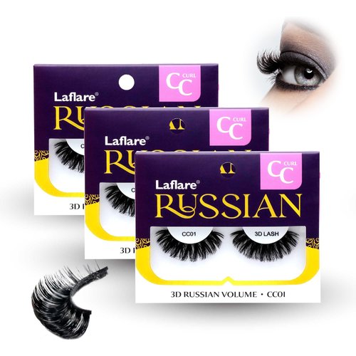 Laflare 3D False Eyelashes Russian volume Strip Lashes | Fluffy, Wispy, Lightweight | Faux Mink Eyelashes Extension C Curl Wispy Handmade Soft Reusable 3 Packs Value Combo. (FCC01X3C)