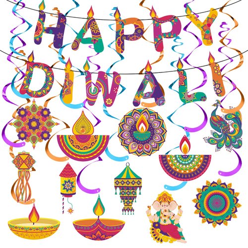 38 Pcs Diwali Party Decorations for Home Happy Diwali Banner Deepavali Hanging Swirls Kit Festiva...