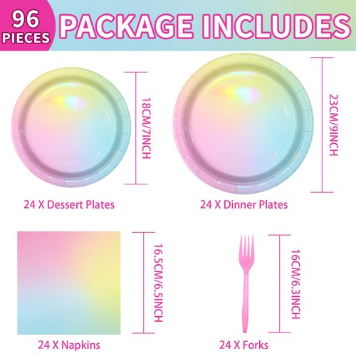 96Pcs Pastel Rainbow Birthday Party Supplies 350 GSM Holographic Pastel Plates and Napkins Colorful Iridescent Rainbow Party Decorations for Girls Baby Shower Sprinkle Wedding Party Favors Serves 24