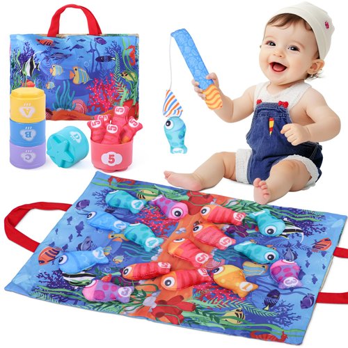 Montessori Toys for 1 Year Old, 22 Pcs Cloth Fishing Game for Baby 6-12 Months with Stacking Cups, Number Counting, Color Sorting, Shape Learning, Maze Toddler Toy Baby Boy Girl Birthday Gifts for 1-3