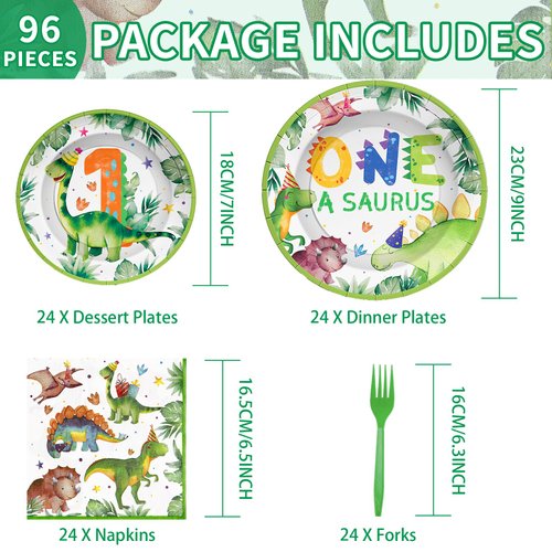 96Pcs Dinosaur 1st Birthday Decorations Paper Plates for Boy,One a Saurus Birthday Party Supplies Watercolor Dinosaur First Birthday Disposable Plates for 1 year old Boy,Dinnerware Set Serve 24