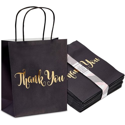 Sparkle and Bash 24 Pack Medium Black Thank You Party Favor Paper Goodie Gift Bags with Handles, Gold Foil