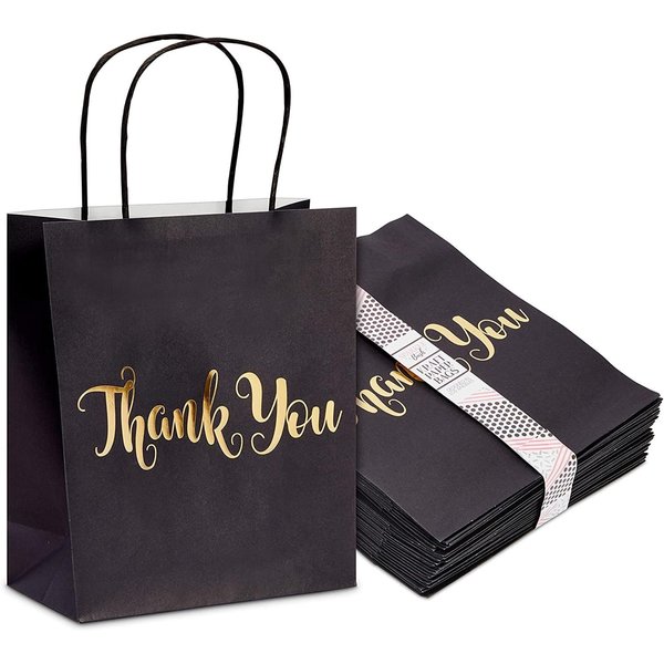 Sparkle and Bash 24 Pack Medium Black Thank You Party Favor Paper Goodie Gift Bags with Handles, Gold Foil