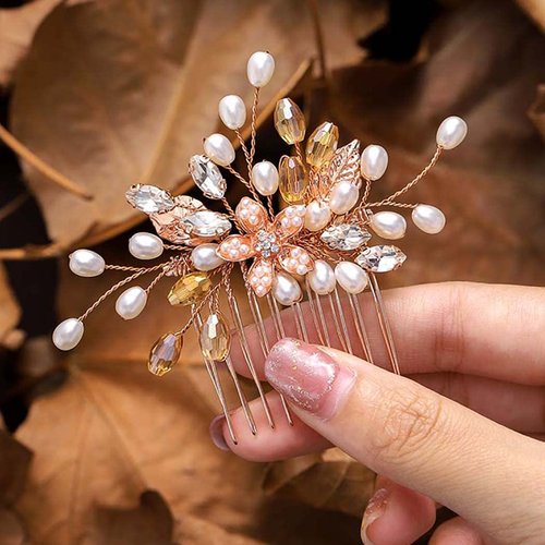 YBSHIN Pearl Bride Wedding Hair Comb Rose Gold Flower Hair Pieces Rhinestone Crystal Headpieces Bridal Hair Accessories for Women